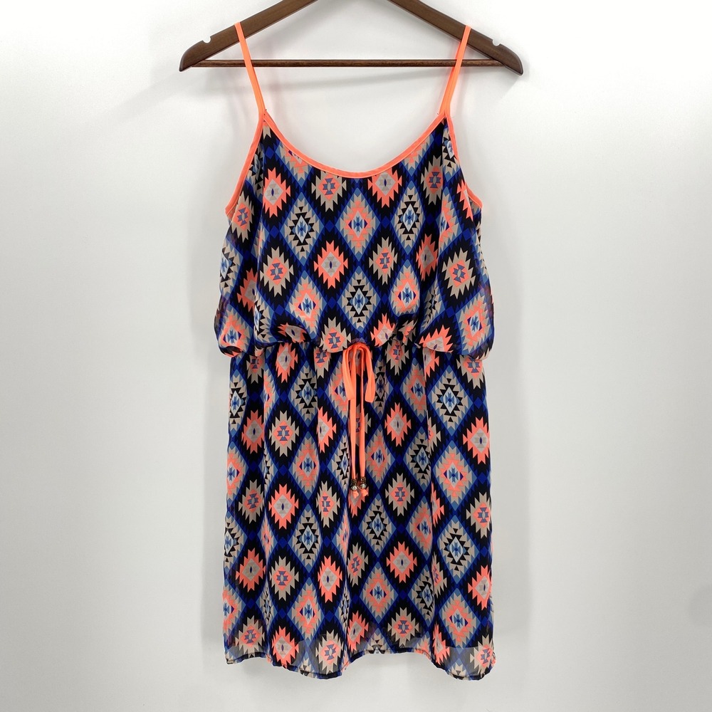 Aztec Geometric Mini Dress Womens Large Coral Blue Tribal Boho Festival Western